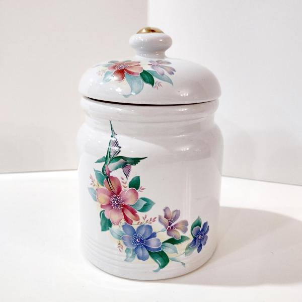 Vintage Hummingbird and Flowers Ceramic Canister Airtight Storage Jar Container, Morgana Collection Pink and Blue Floral Lidded Jar