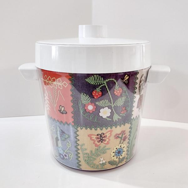 Vintage West Bend Thermo-Serve Insulated Ice Bucket, Embroidered Patchwork Design, 1970's Retro Barware