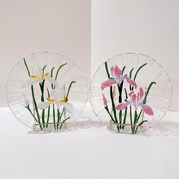 Vintage Sydenstricker Fused Glass Ruffled Floral Iris Bowls, Set of Two, Pink and White Iris Bowls