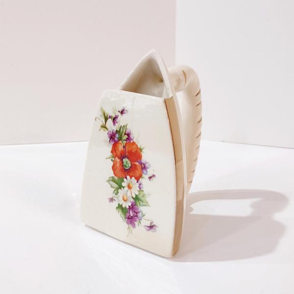 Vintage Ceramic Iron Shaped Floral Pocket Vase, Hand-Painted Bud Vase