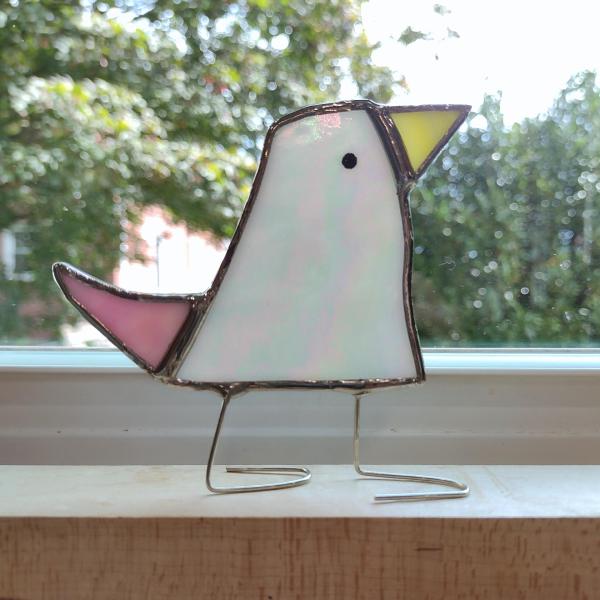 Stained Glass Standing Bird, Funky Pink and White Iridescent Glass Bird Suncatcher, Bird Lover Gift, Windowsill Sitter
