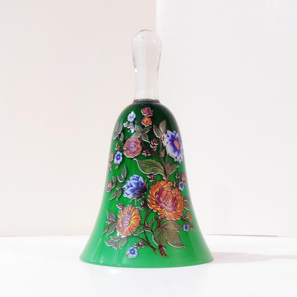 Vintage Hand Painted Italian Decorative Bell, Green Bell with Painted Flowers