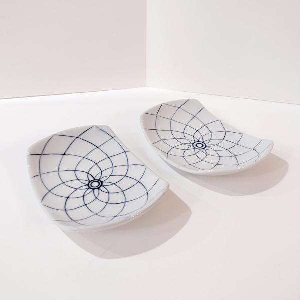 Vintage Blue and White Japanese Lotus Sushi Plates, Set of Two, Appetizer Plates, Trinket Trays