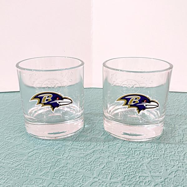 Vintage Baltimore Ravens Football Team Logo Jack Daniels Old No 7 Whiskey Lowball Rocks Glasses, Set of 2