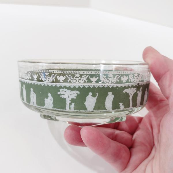 Vintage Jeanette Corinthian Green Hellenic Greek Roman Bowls, Set of Two, Salad Dessert Bowls, Candy Nut Dishes