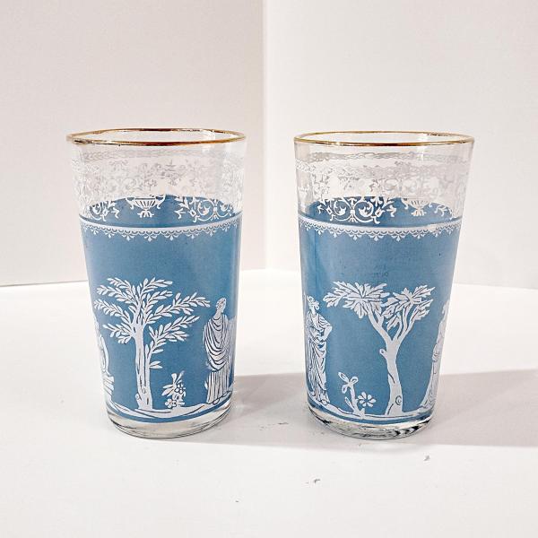 Vintage Jeanette Hellenic Blue 10 Ounce Flat Tumbler Glasses, Set of 2, MCM Barware