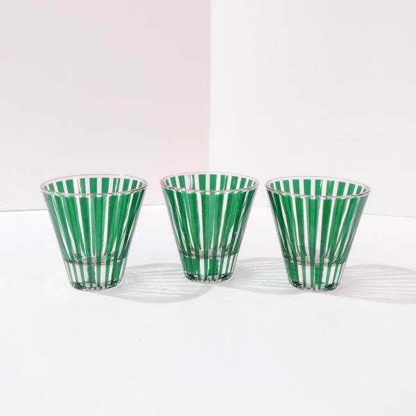 Vintage Jeanette Glass Carousel Emerald Green Striped Small Cocktail Shot Glasses, Set of Three, Art Deco Barware