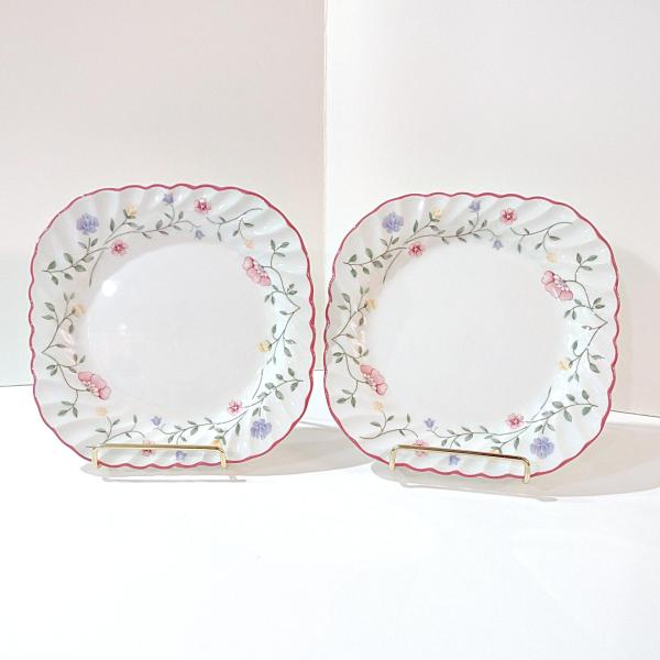 Vintage Johnson Brothers Summer Chintz Square Salad Appetizer Dessert Plates, Set of Two, Floral English China
