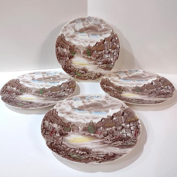 Vintage Johnson Brothers Olde English Countryside Brown Multi Color Dinner Plates, Set of 4