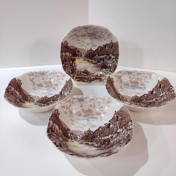 Vintage Johnson Brothers Olde English Countryside Brown Multi Color Square Cereal Soup Salad Bowls, Set of 4