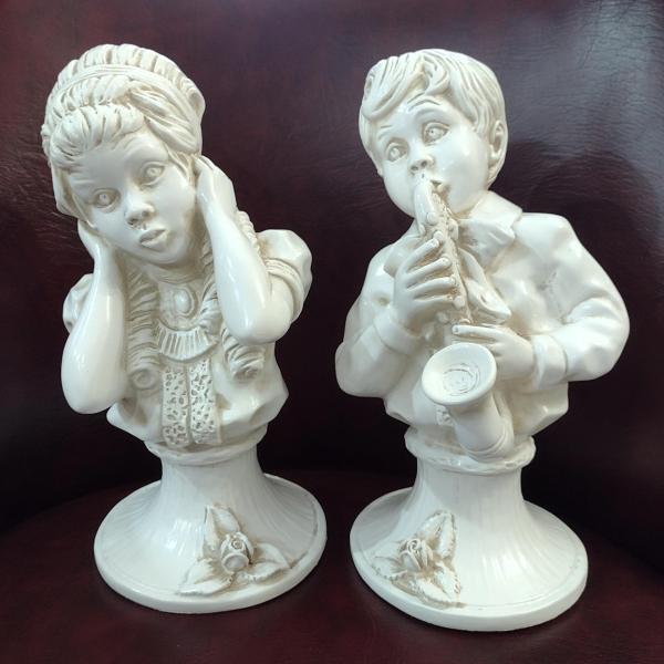 Vintage Vaugh Kendrick Music to My Ears Statue Set of 2, Saxophone Player and Girl Holding Ears Figurines