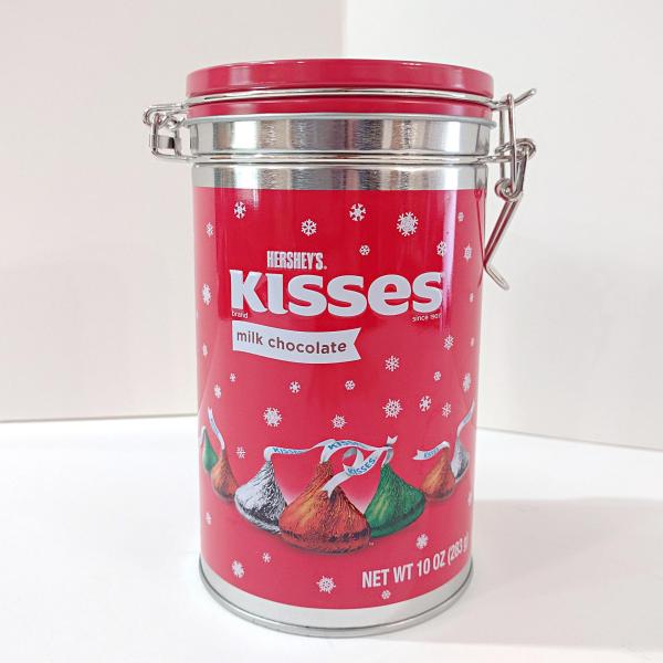 Vintage Hershey Kisses Holiday Cylinder Tin with Clamp Airtight Lid