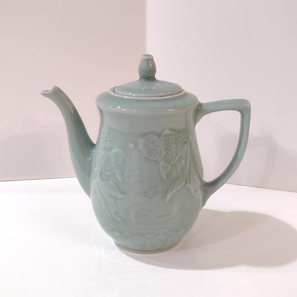 Vintage Longquan Celadon Goldfish Koi Green Teapot with Lid, Chinese Tea Pot