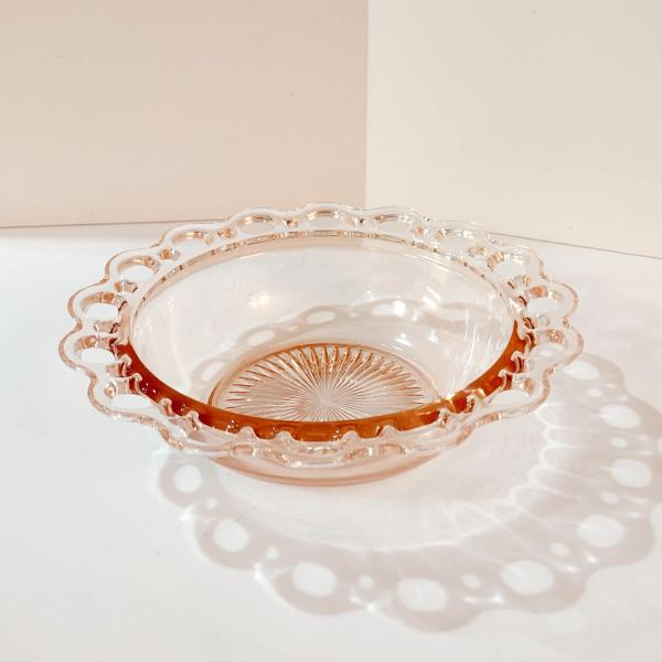 Vintage Anchor Hocking Old Colony Lace Edge Pink Glass Serving Bowl, 1930's Pink Depression Glass Open Lace, Pink Glass Fruit Bowl