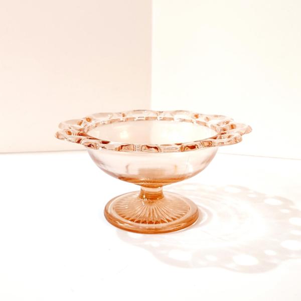 Vintage Anchor Hocking Old Colony Lace Edge Pink Glass Compote, 1930's Pink Depression Glass Footed Bowl
