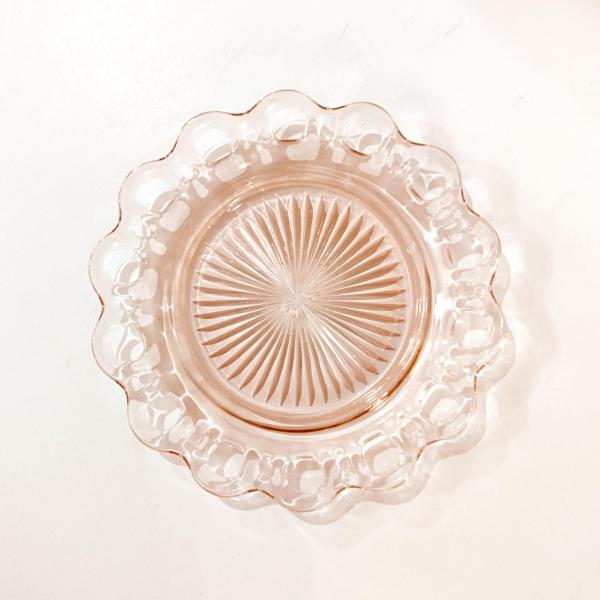 Vintage Anchor Hocking Old Colony Lace Edge Pink Glass Luncheon Plate, 1930's Pink Depression Glass Open Lace