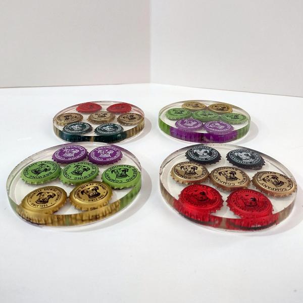 Vintage Lagunitas Brewing Company Bottle Cap Epoxy Resin Coasters, Set of Four, Multicolor Lagunitas Beer Dog Logo Bottlecaps