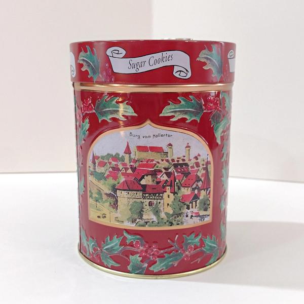 Vintage Lambertz Musical Sugar Cookie Holiday Cylinder Tin, German Jingle Bells Music Box Storage Tin