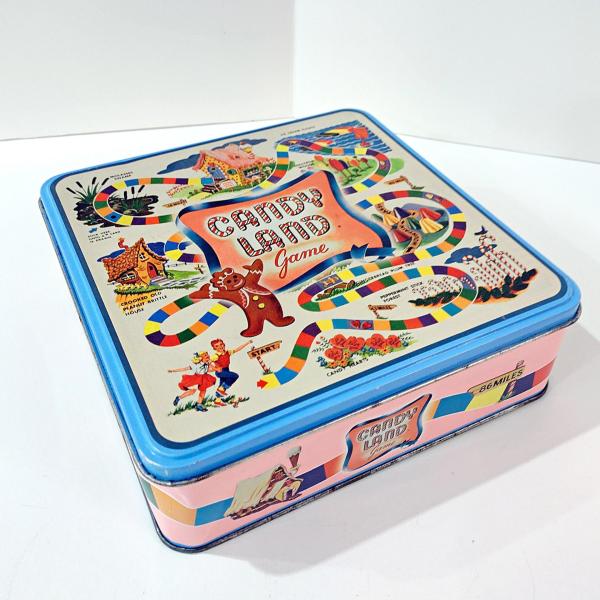 Vintage Candy Land Game Square Cookie Tin Container, Children's Room Decorative Metal Storage Box, Candyland Collectible