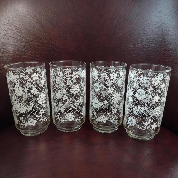 Vintage Libbey White Floral Lattice 12 Ounce Drinking Glasses Tumblers, Set of Four
