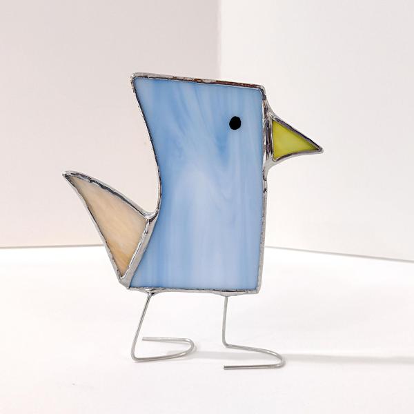 Stained Glass Standing Bird, Funky Blue and Orange Glass Bird Suncatcher, Bird Lover Gift