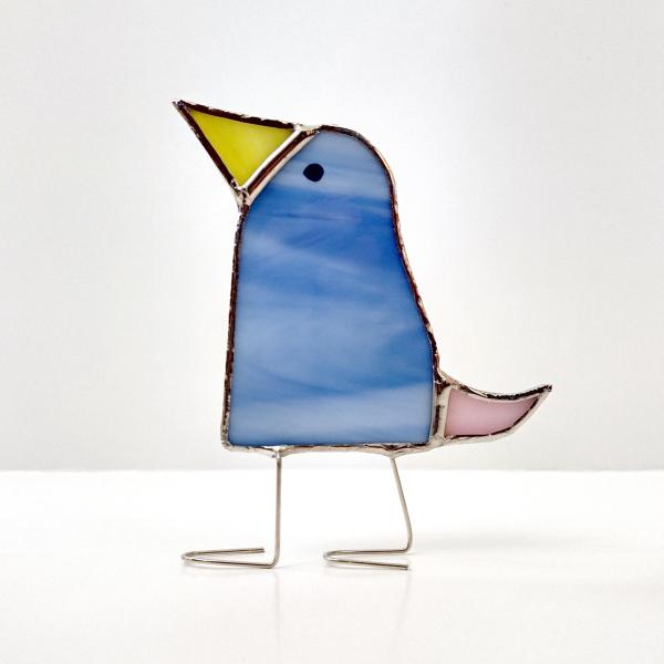 Stained Glass Standing Bird, Funky Glass Bird, Blue and Pink Bird Suncatcher, Windowsill Free Standing Bird