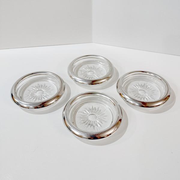 Vintage Leonard Silver Plated and Glass Coasters, Set of Four