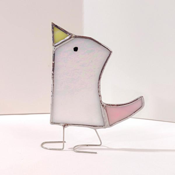 Stained Glass Standing Bird, Funky Pink and White Iridescent Glass Bird Suncatcher, Bird Lover Gift, Windowsill Sitter