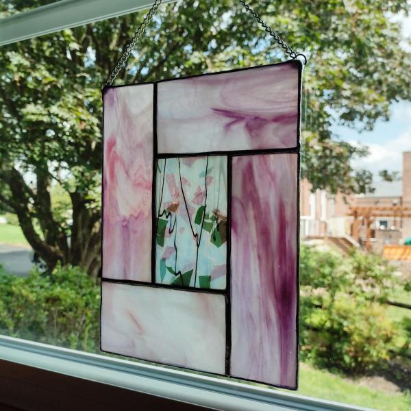 Stained Glass Window Panel Suncatcher, Pink and White Opalescent Glass with Confetti Glass Center