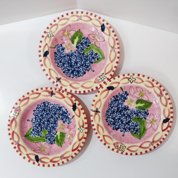 Vintage Laurie Gates Hydrangea Ceramic Pink Spongeware Salad Dessert Plates, Set of 3