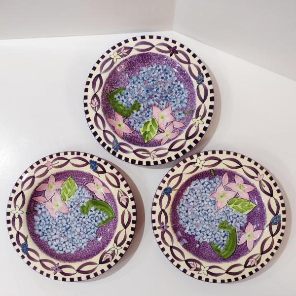 Vintage Laurie Gates Hydrangea Ceramic Purple Spongeware Salad Dessert Plates, Set of 3