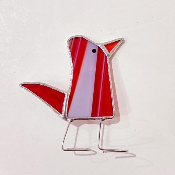 Stained Glass Standing Bird, Funky Glass Bird, Red and White Striped Bird Suncatcher, Windowsill Free Standing Bird
