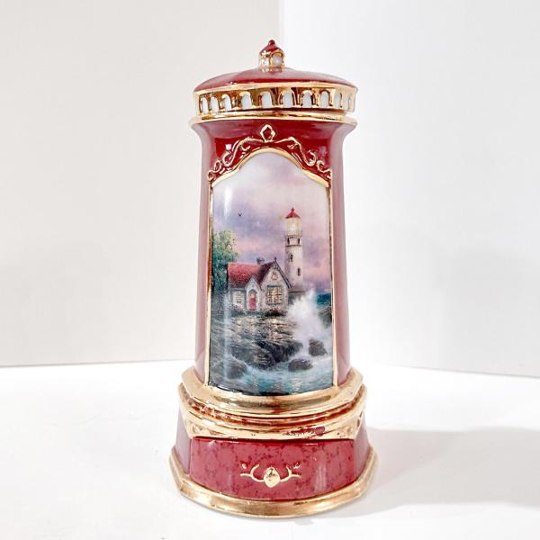 Vintage Thomas Kinkade Porcelain Lighthouse Music Box with Trinket Drawer, Seaside Reflections Beacon of Hope, Somewhere Out There Song