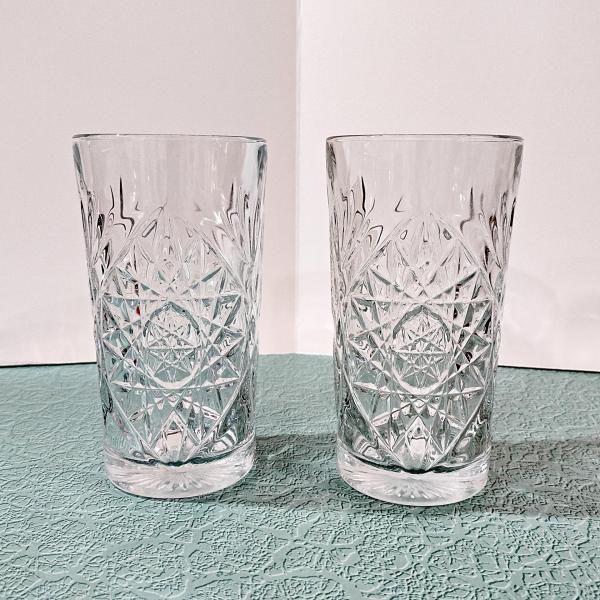Vintage Libbey Hobstar Cooler Glasses, Heavy 16 Ounce Glass Tumblers, Set of 2