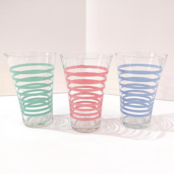 Vintage Libbey Green Blue Pink Color Striped 16 Oz Tumblers Pint Glasses, Set of 3