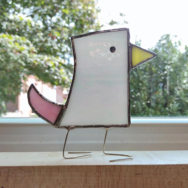Stained Glass Standing Bird, Funky Pink and White Iridescent Glass Bird Suncatcher, Bird Lover Gift, Windowsill Sitter