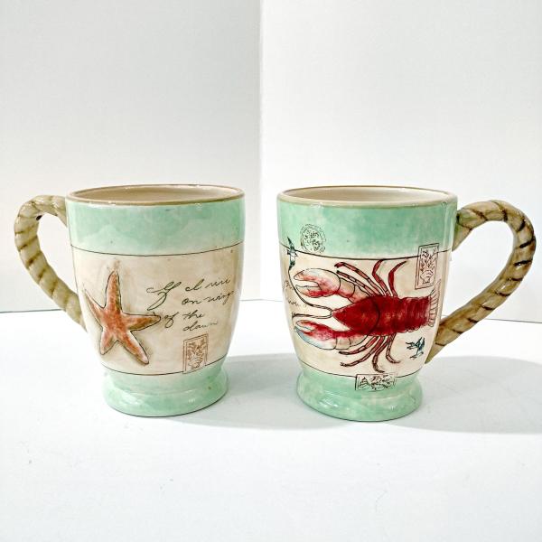 Vintage Susan Winget Shore Thing Ceramic Mugs, Set of 2, Starfish Lobster Ocean Sea Life Nautical Mugs