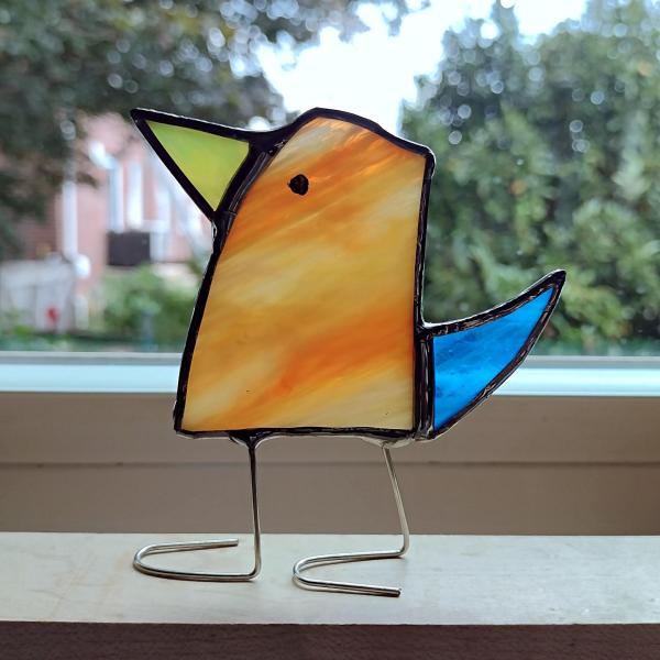 Stained Glass Standing Bird, Funky Orange and Blue Glass Bird Suncatcher, Bird Lover Gift