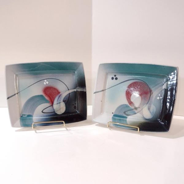 Vintage Abstract Ceramic Plates Trays, Set of Two, Signed Loren Lukens Hand Crafted Artisan Pottery Plates