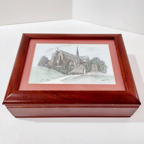 Vintage Loyola College Memorial Chapel Wooden Jewelry Keepsake Box, Martin Barry Ink and Watercolor Art Print