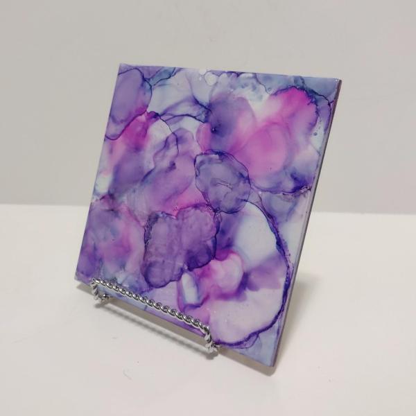 Alcohol Ink Ceramic Tile Trivet, 6" x 6", Purple and Pink Abstract Fluid Painting