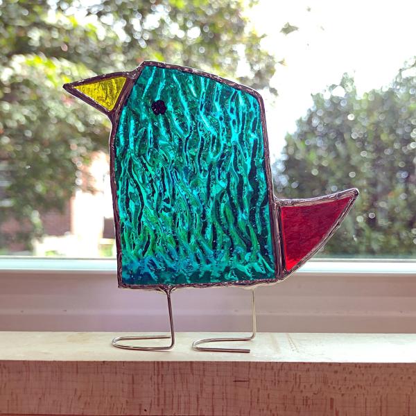 Stained Glass Standing Bird, Funky Green and Blue Glass Bird Suncatcher, Bird Lover Gift, Windowsill Sitter