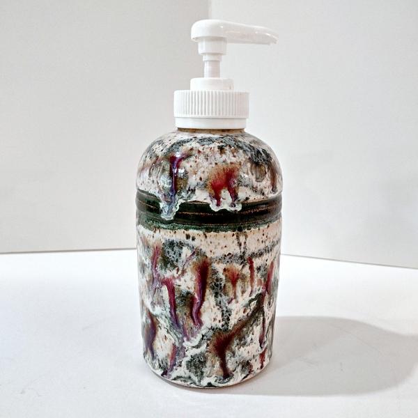 Vintage Ceramic Soap Lotion Dispenser, Green and Maroon Lucaks Pottery Sodus Point New York