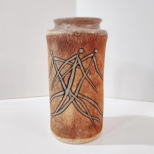Mitch Lyons Signed Three Figures Ceramic Vase, MCM Rustic Primitive Pottery