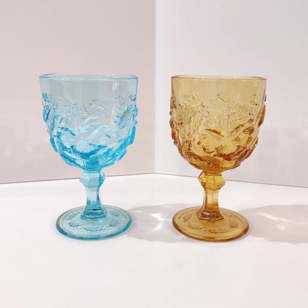 Vintage Wild Rose Madonna Inn Wine Glasses, Set of Two, Amber and Blue Wild Rose Glasses
