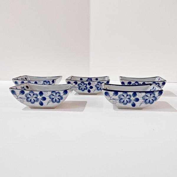 Vintage Korean Ma-Gal Blue Floral Sauce Condiment Bowls with Original Box, Set of 5, Ingredient Spice Bowls