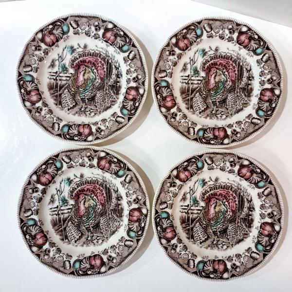 Vintage Johnson Brothers His Majesty Turkey Salad Dessert Appetizer Plates, Set of Four, England 1883 Backstamp