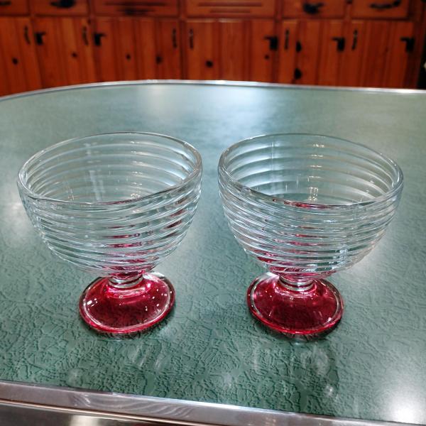 Vintage Pink Swirl Glass Footed Dessert Coupes, Set of Two, Swirled Glass Compotes, Sherbet Bowls