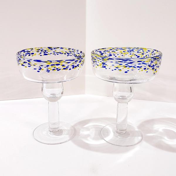 Vintage Hand Blown Confetti Margarita Glasses, Set of Two, Blue and Yellow Fiesta Cocktail Glasses