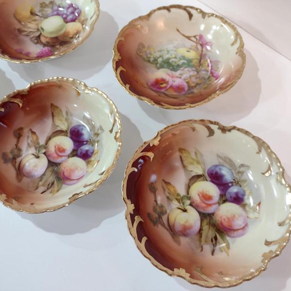 Vintage Royal Munich ZS and C Co Bavaria Marseille Porcelain Fruit Motif Bowls, Set of Five, Antique Scherzer Dessert Bowls